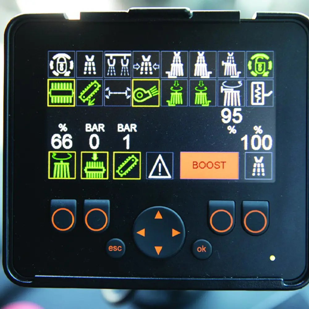 Bedieningsdisplay Dulevo D3 in boost-modus met veegparameters en druk