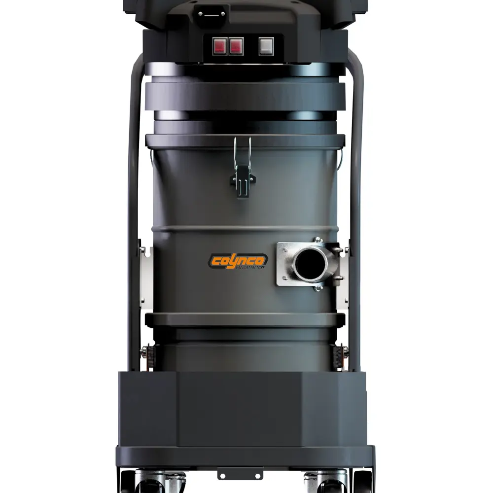Coynco Smart 235D industriële stofzuiger met compacte behuizing en zwenkwielen vooraanzicht