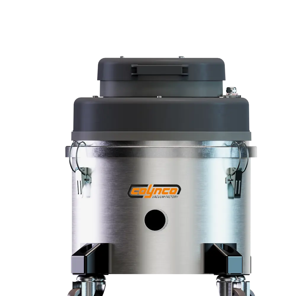 Coynco BSL 100 compacte ATEX stofzuiger vooraanzicht op zwenkwielen