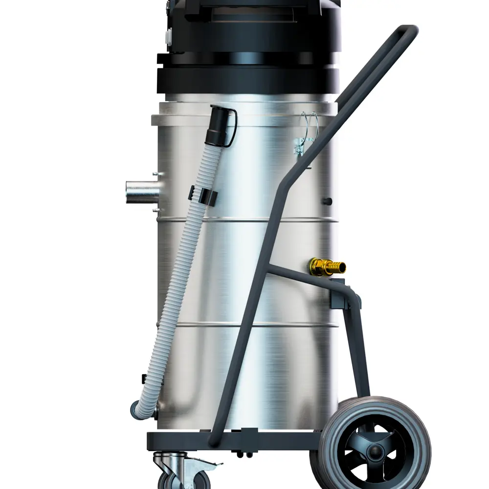 Coynco Slurry 245 industriële vloeistofzuiger in RVS uitvoering zijaanzicht met grote wielen