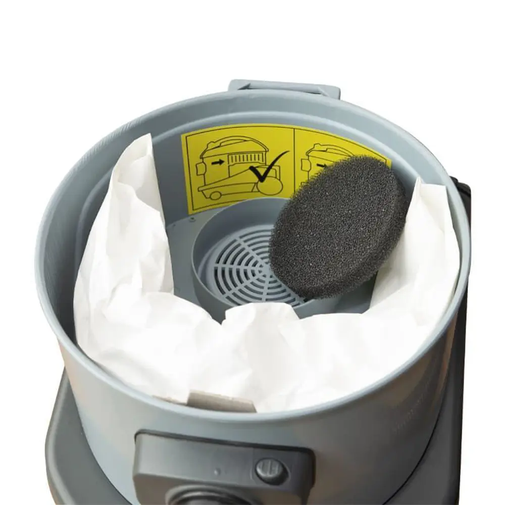 Binnenzijde Floorpul Melody met stofzuigerzak en schuimfilter zichtbaar