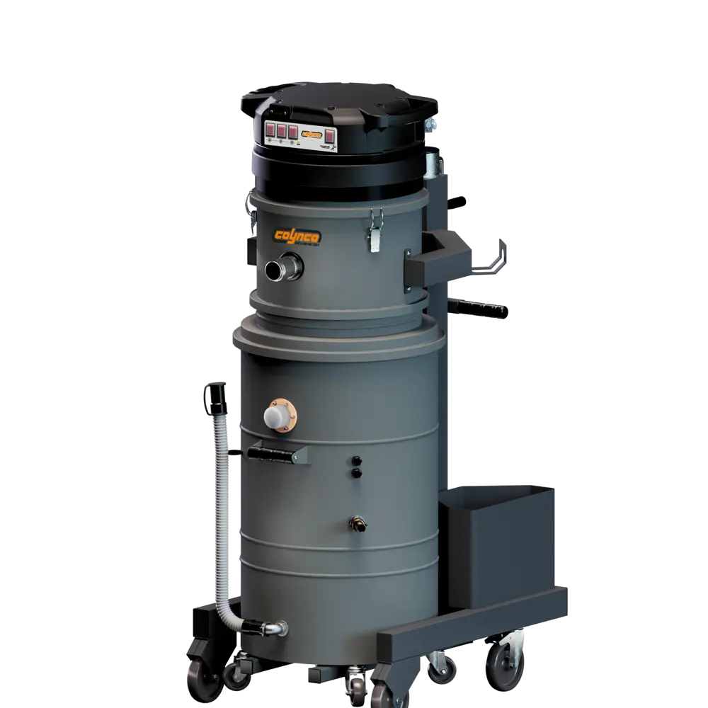 Coynco OIL 200 industriële oliezuiger perspectief met opvangbak en zwenkwielen