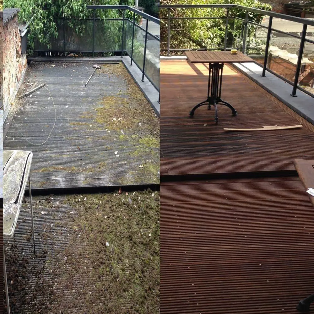 Voor-en-na resultaat terrasreiniging op houten vlonder met duidelijk verschil met de Terrazza mC