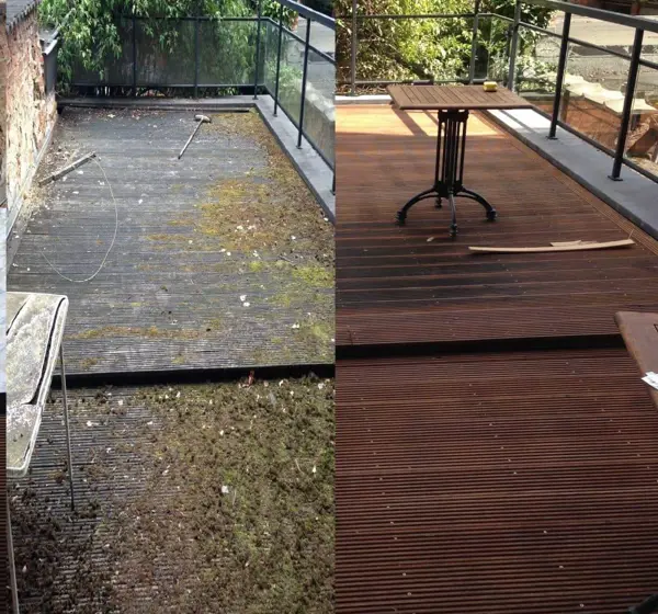 Voor-en-na resultaat terrasreiniging op houten vlonder met duidelijk verschil met de Terrazza mC