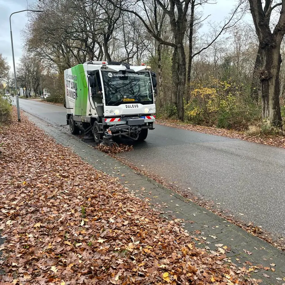 Dulevo D6 veegwagen ruimt herfstbladeren op een laan in Nederland