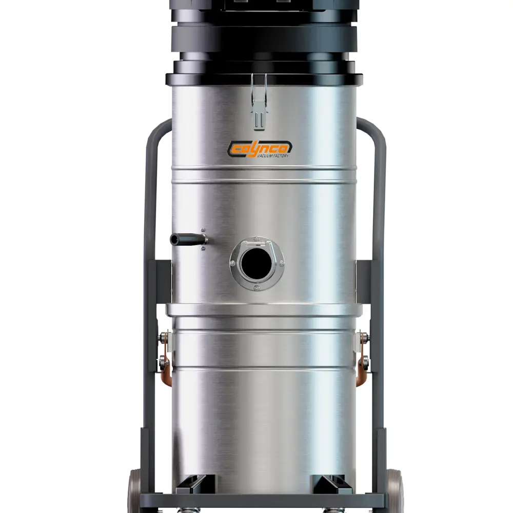 Coynco WM250 Basic industriële stofzuiger met RVS behuizing en wielen vooraanzicht