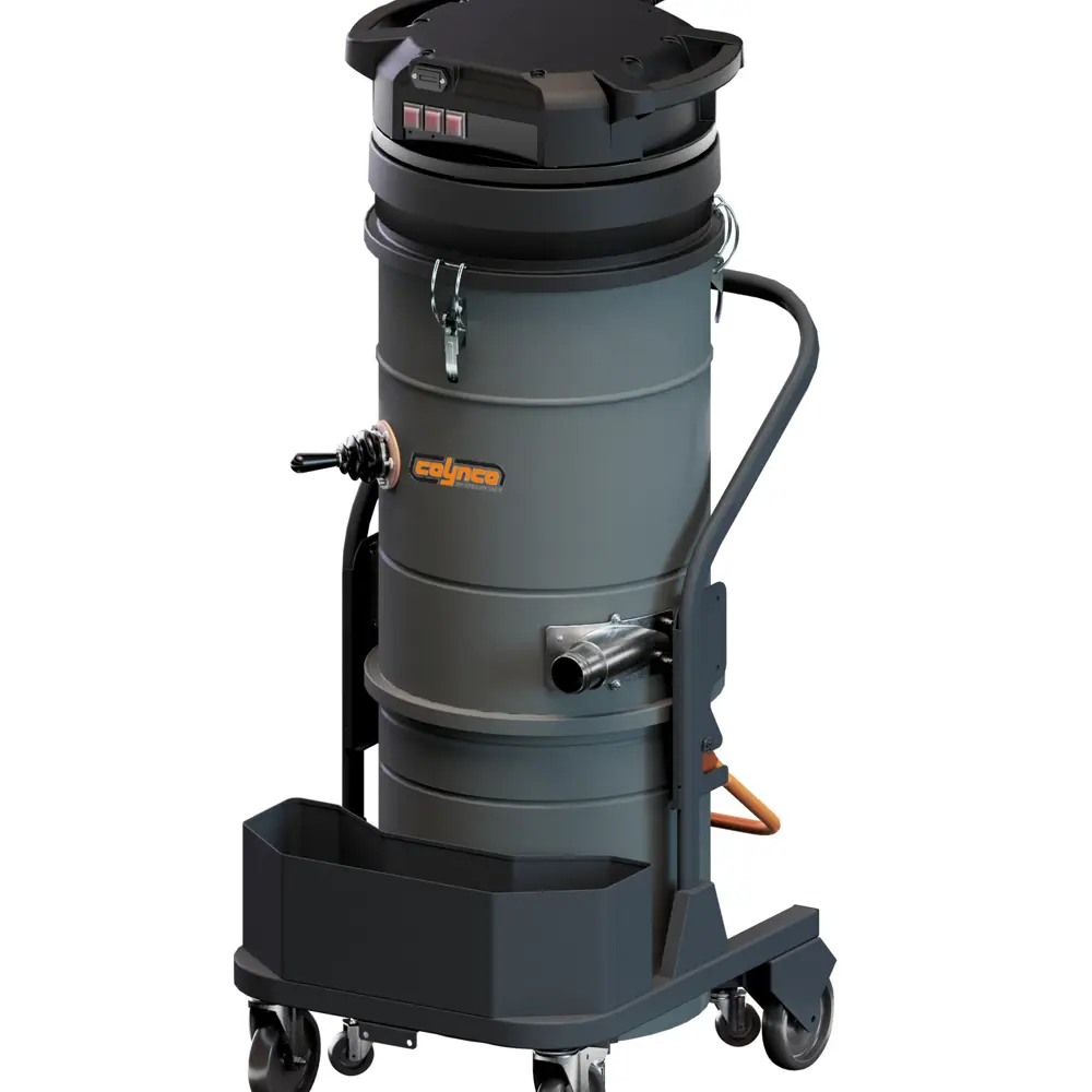 Coynco BM375M Basic industriezuiger in perspectief met opvangbak en verrijdbaar frame