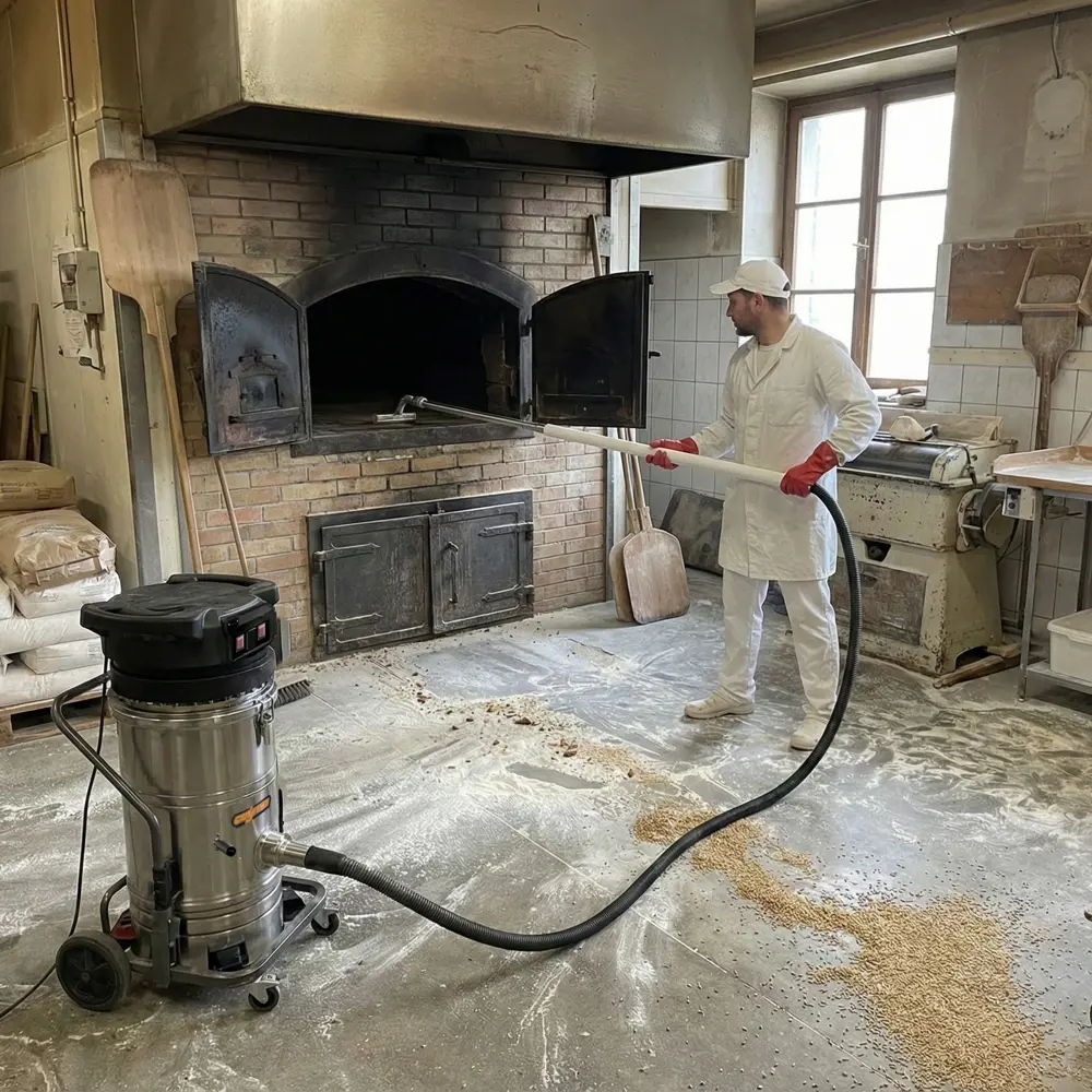 Coynco WM220 industriële stofzuiger zuigt meel op bij traditionele bakkerij Nederland