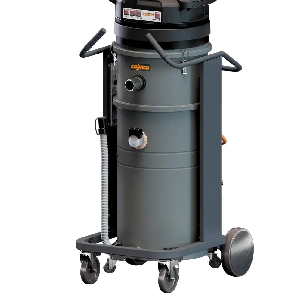 Coynco OIL 140 industriële oliezuiger perspectief met klemmen en transportwielen