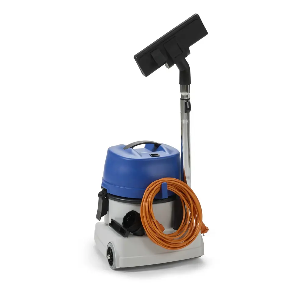 Floorpul KV15DS cleanroom stofzuiger met blauwe motorkap en zuigmond op witte achtergrond