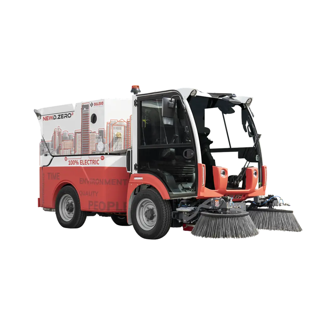 Dulevo Dzero2 4.7 Ton elektrische straatveegmachine zijaanzicht op witte achtergrond
