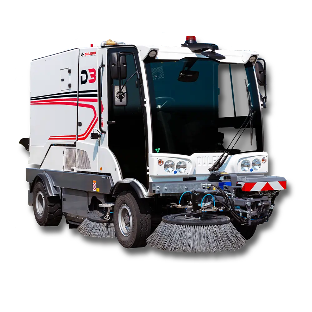 Dulevo D3 straatveegmachine met dubbele zijborstels en veeginstallatie in productweergave