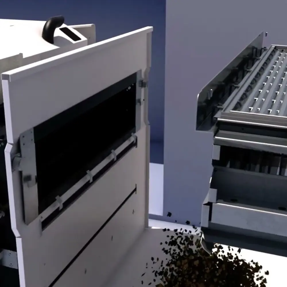 3D-visualisatie van het vuilafvoersysteem met jacobsladder in de Dulevo D6