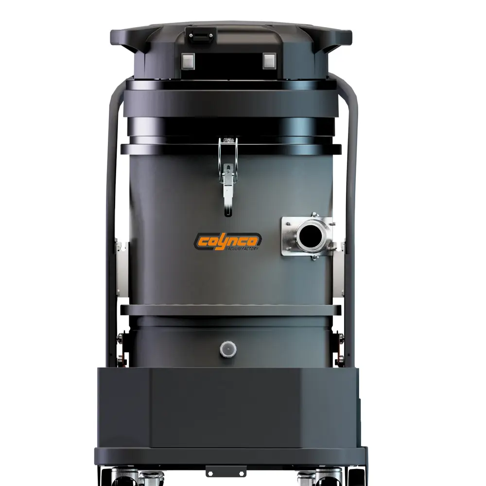 Coynco 350WD industriële nat-droogzuiger met compacte behuizing en zwenkwielen vooraanzicht