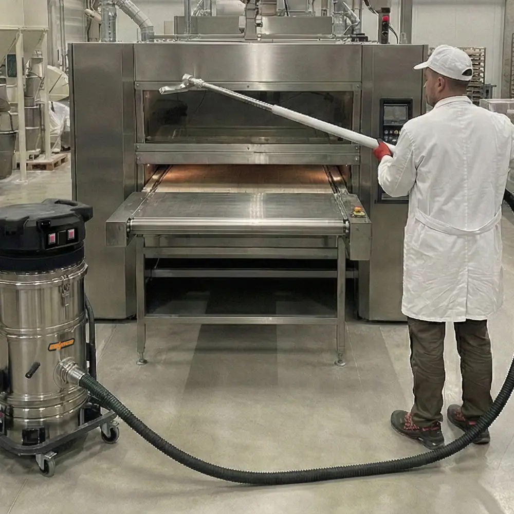 Coynco WM220 industriezuiger bij industriële bakkerij voor meelstof verwijdering