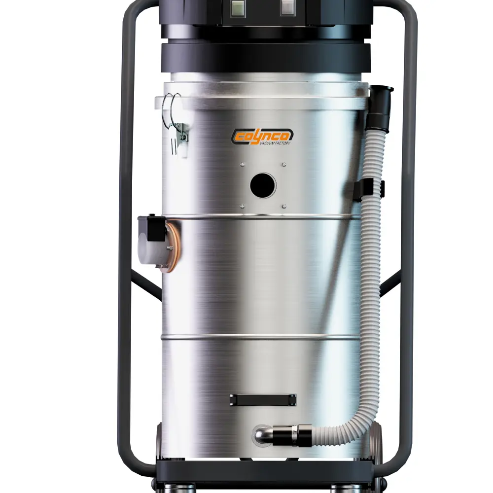 Coynco Slurry 245 industriële vloeistofzuiger in RVS met duwbeugel en afvoer vooraanzicht