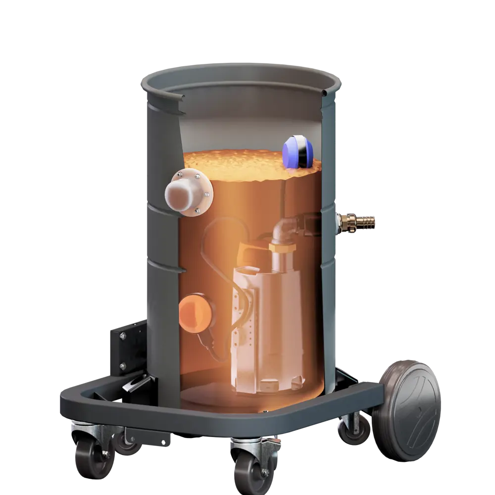 Doorsnede Coynco oliezuiger opvangketel met ingebouwde doorvoerpomp en vlotter