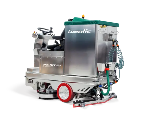 Achterzijde van de Rotan Gmatic RVS zit schrobmachine