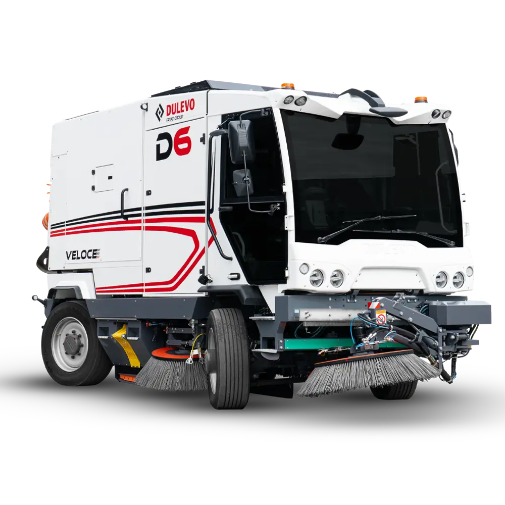 Dulevo D6 Veloce veegmachine zijaanzicht met borstelsysteem, productfoto op witte achtergrond